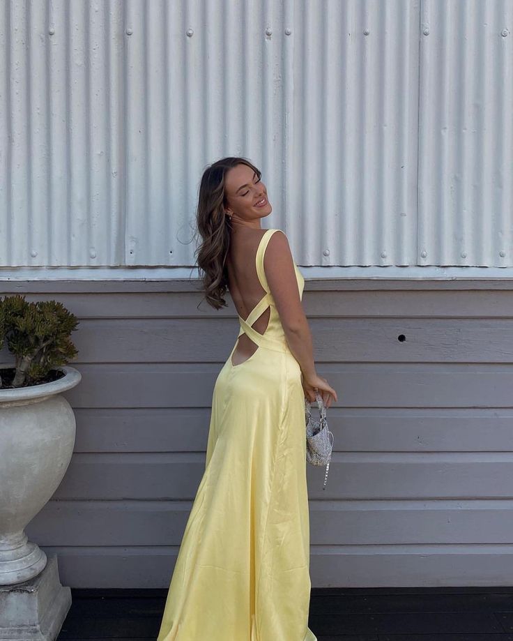 Simple Straps Yellow Backless Long Prom Dress fg5318