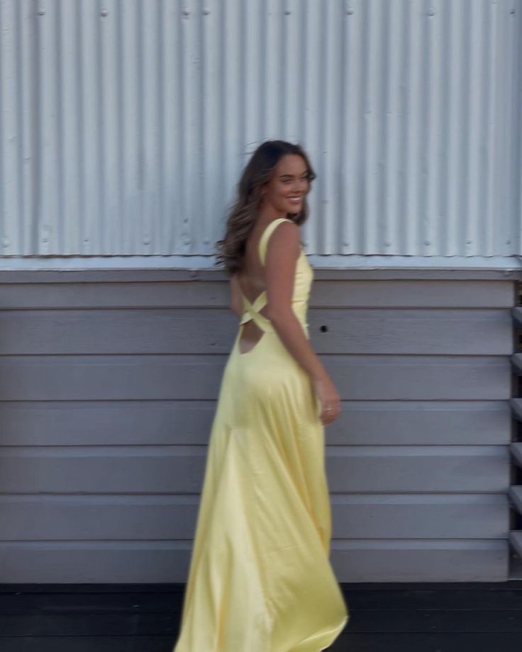 Simple Straps Yellow Backless Long Prom Dress fg5318