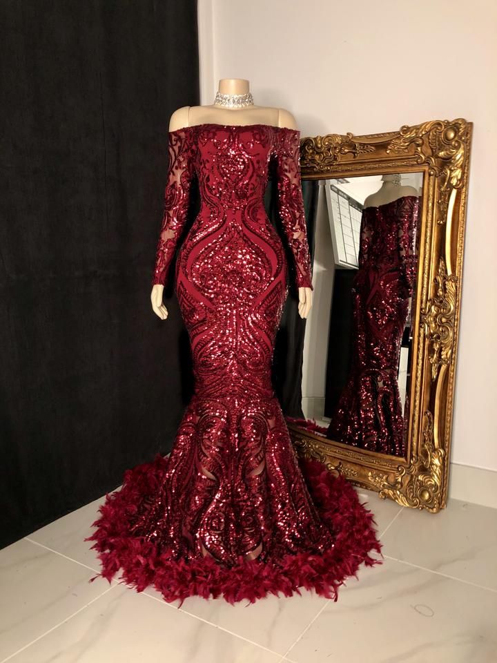 Burgundy prom dresses sparkly long sleeve off the shoulder feather mermaid prom gown fg1622