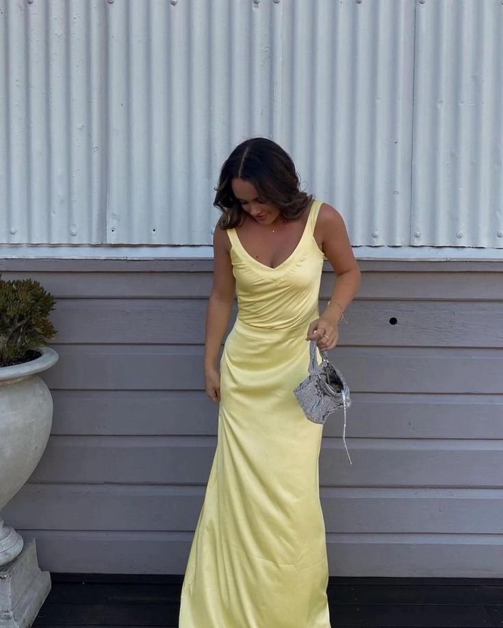 Simple Straps Yellow Backless Long Prom Dress fg5318
