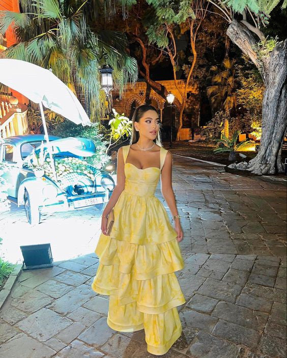 Yellow Dress Fashion Elegant Prom Dresses Vintage Princess Female Evening Party Dress fg4527