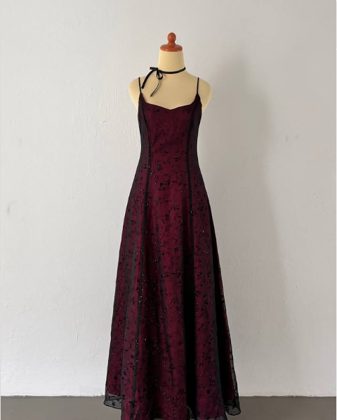 Vintage Burgundy A Line Spaghetti Straps Long Prom Dress Evening Dress fg5212