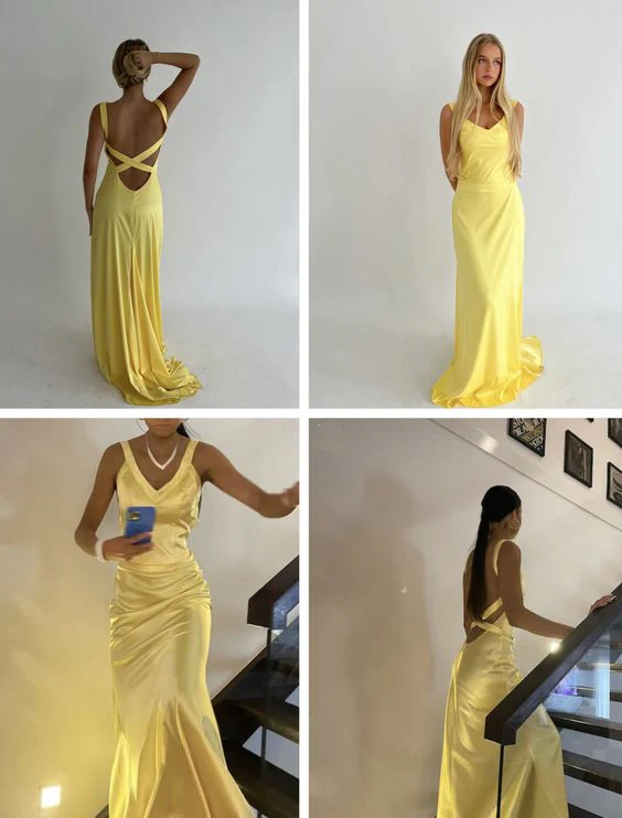 Simple Straps Yellow Backless Long Prom Dress fg5318