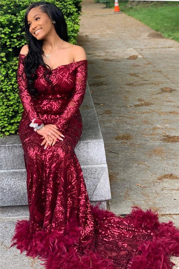 Burgundy prom dresses sparkly long sleeve off the shoulder feather mermaid prom gown fg1622