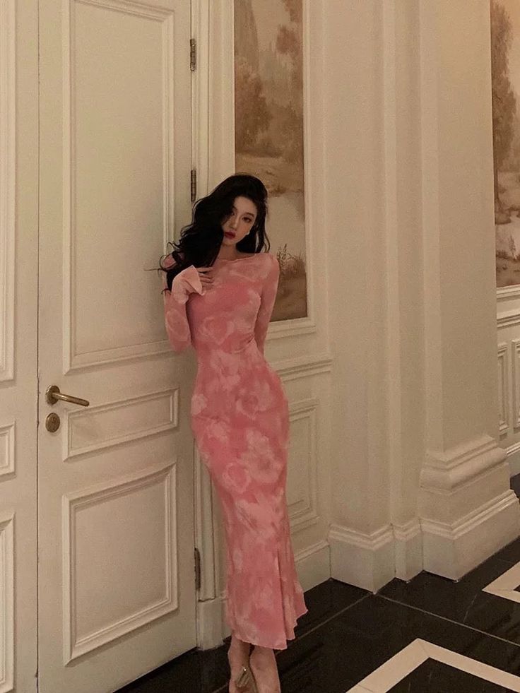 Sexy Sheath Pink Floral Long Sleeves Prom Dresses Birthday Outfits fg7030
