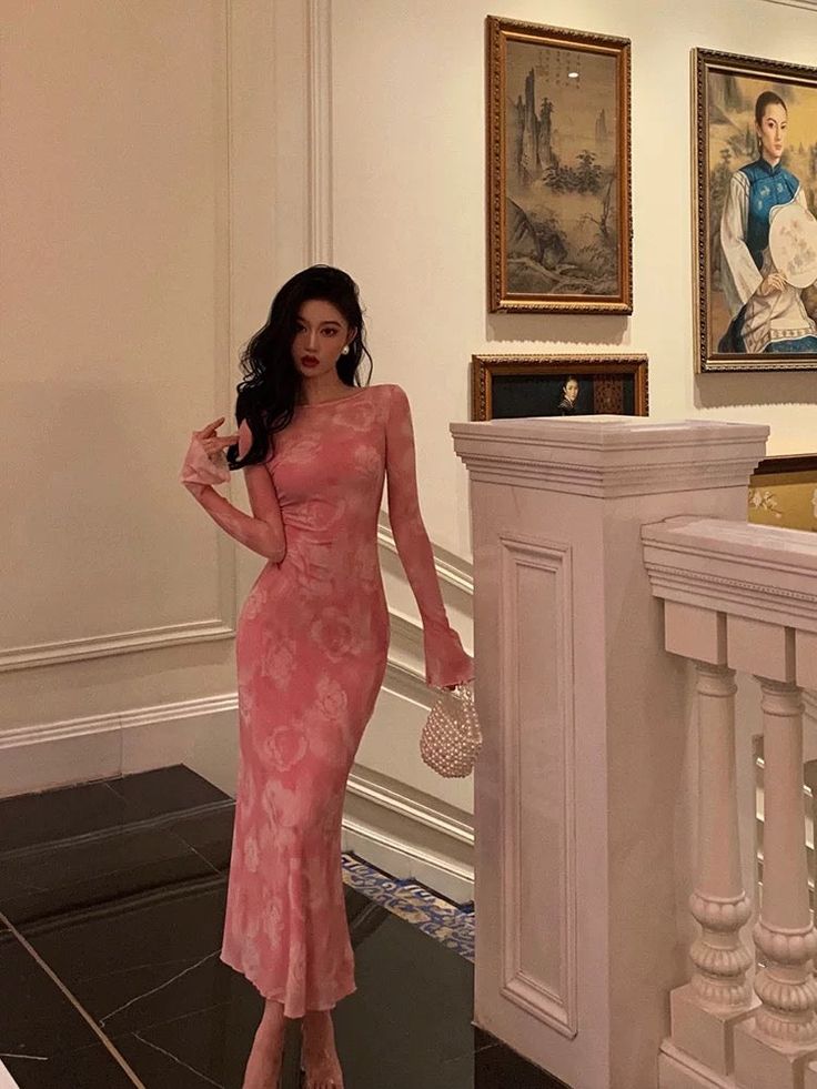 Sexy Sheath Pink Floral Long Sleeves Prom Dresses Birthday Outfits fg7030