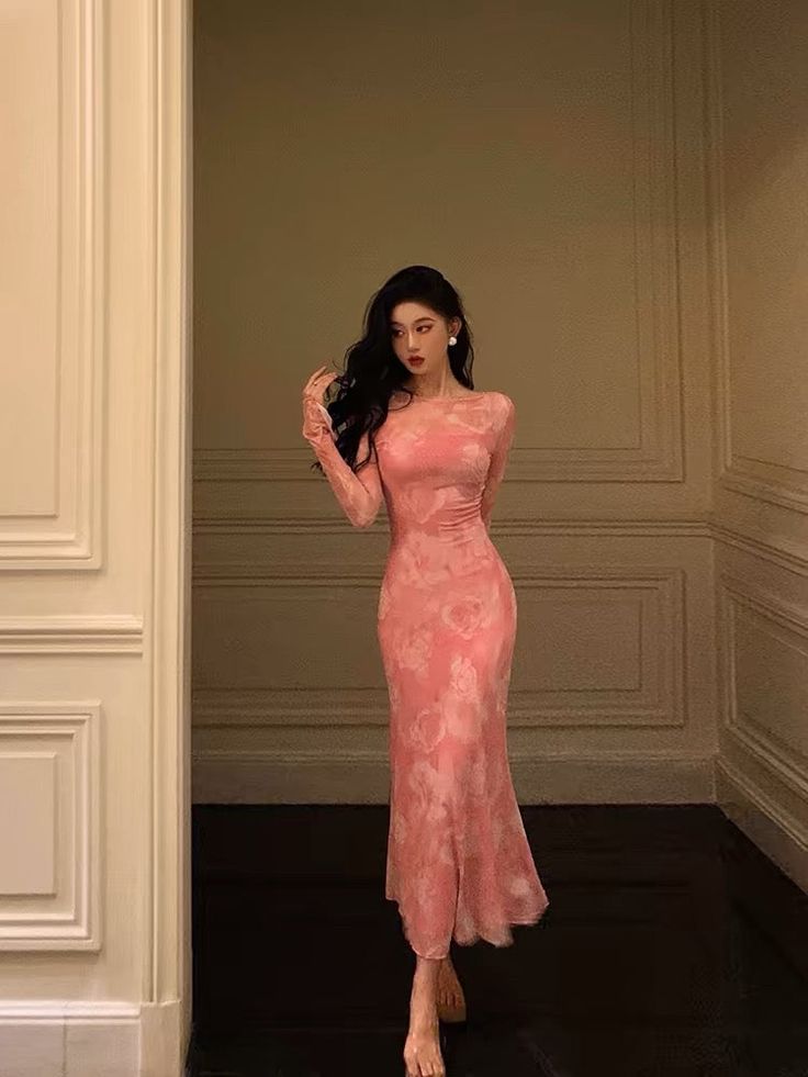 Sexy Sheath Pink Floral Long Sleeves Prom Dresses Birthday Outfits fg7030