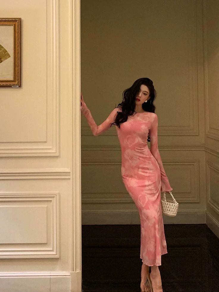 Sexy Sheath Pink Floral Long Sleeves Prom Dresses Birthday Outfits fg7030