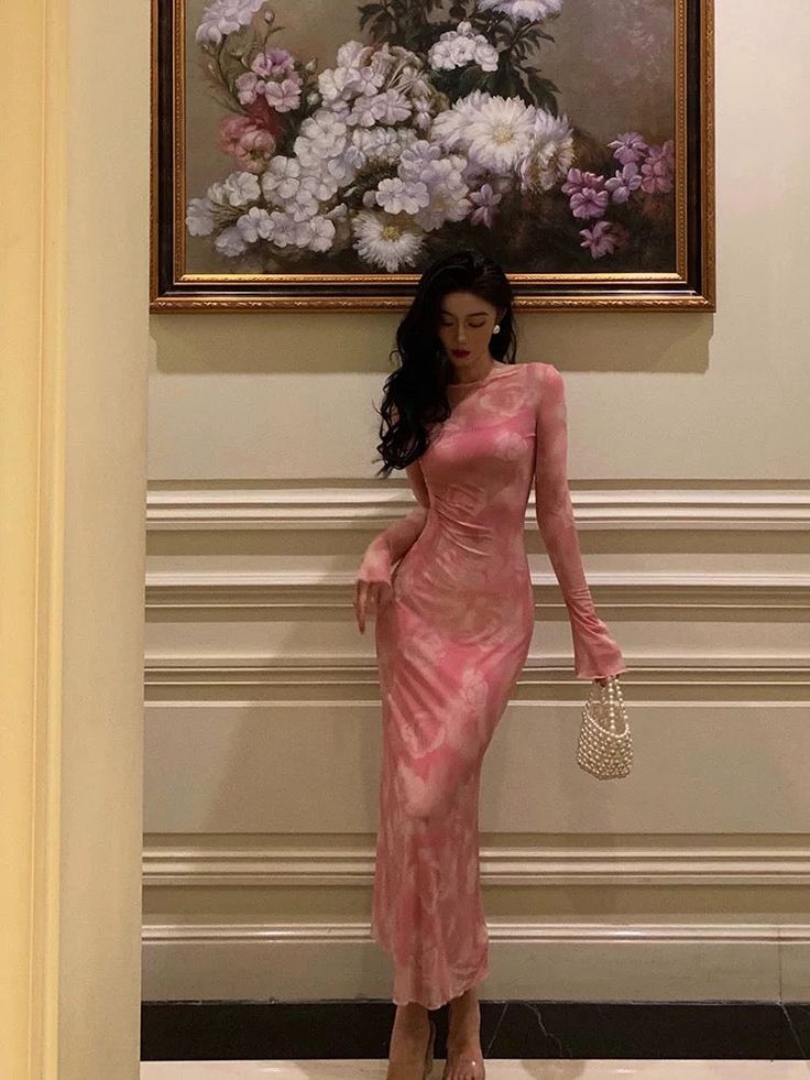 Sexy Sheath Pink Floral Long Sleeves Prom Dresses Birthday Outfits fg7030