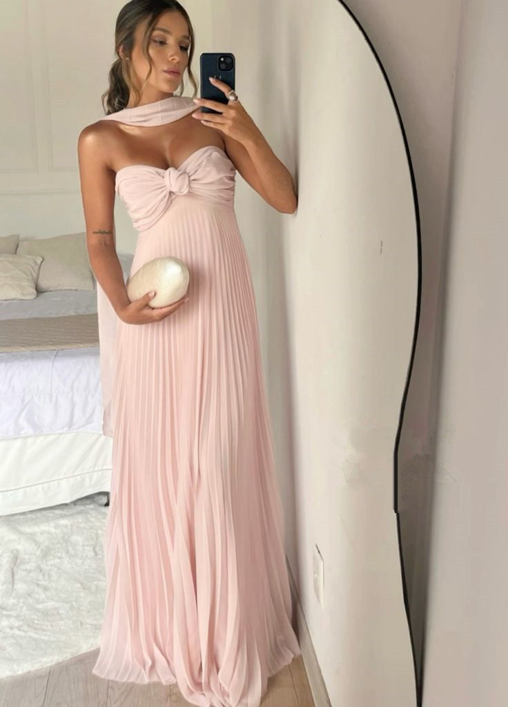 Strapless A Line Pink Long Prom Dress Pleated Formal Party Gown fg6582