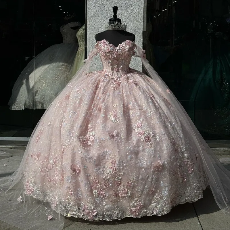 Light Pink Quinceanera Dress Off-Shoulder Lace Appliques Ball Gown fg6506