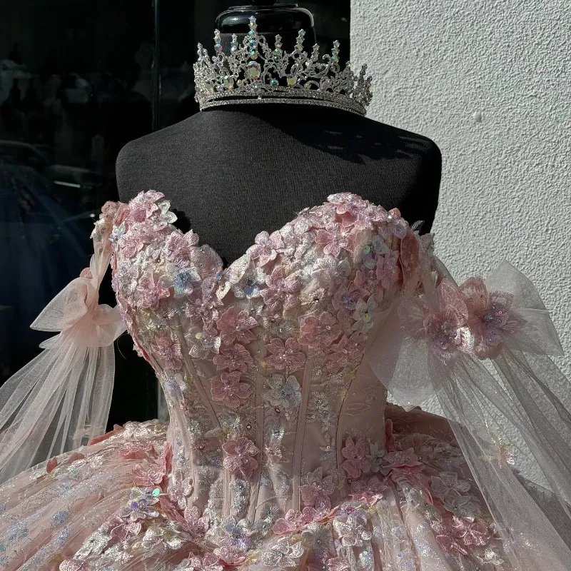 Light Pink Quinceanera Dress Off-Shoulder Lace Appliques Ball Gown fg6506