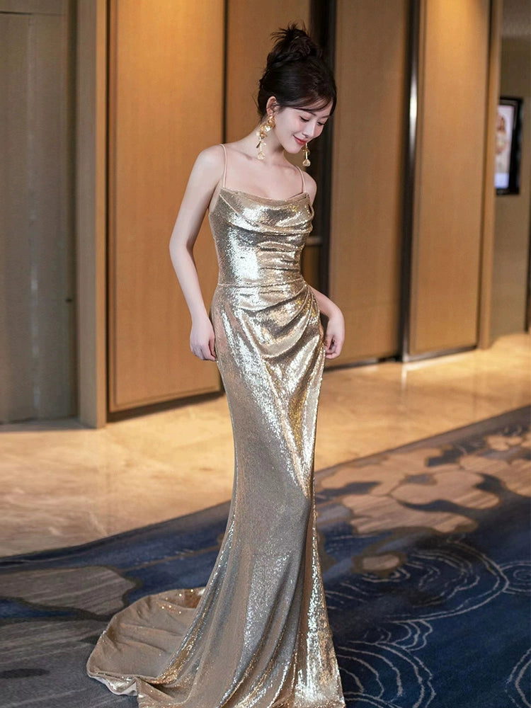 Gold Sequin Mermaid Long Prom Dress Sexy Evening Dresses fg7667
