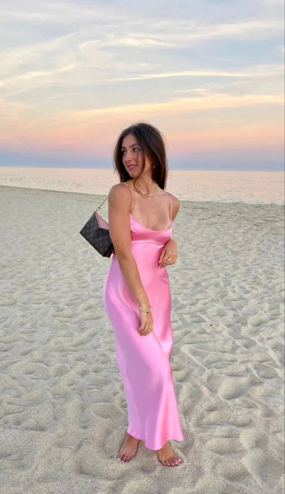 Simple Straps Sleeveless Party Dress Satin Pink Prom Dress fg5332