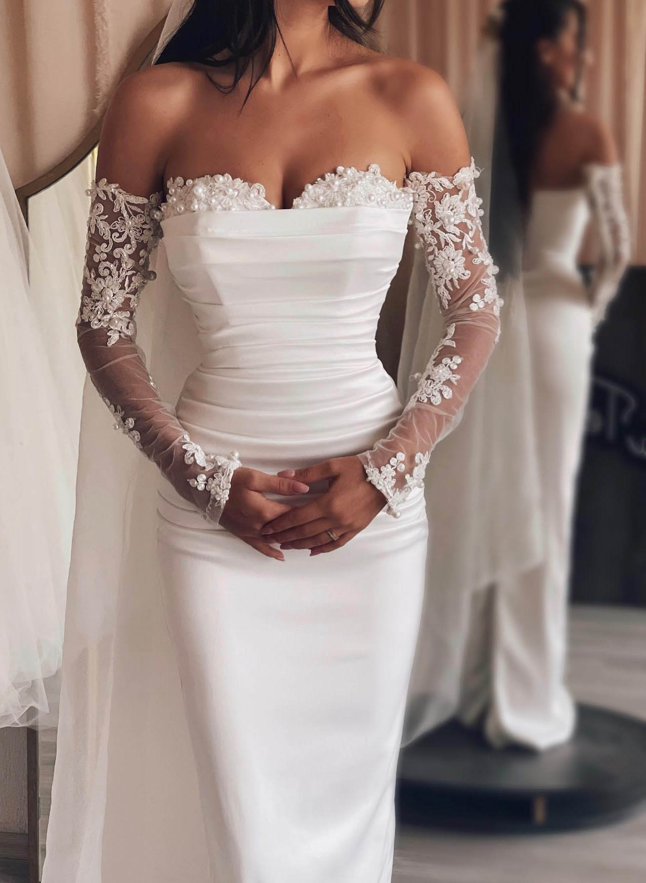 Mermaid Wedding Dresses With Detachable Skirt Sweetheart Long Sleeves Beaded With Pearls Wedding Dress fg4119