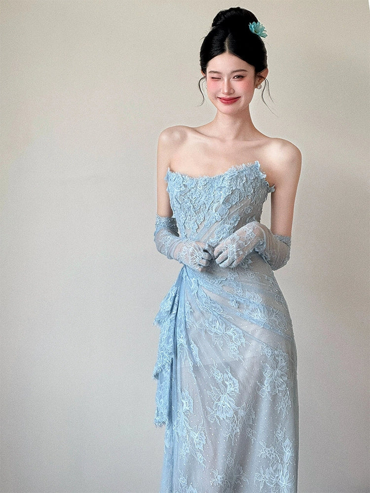 Blue Lace Mermaid Long Prom Dress Sexy Evening Dresses fg7665