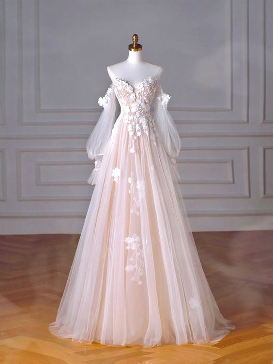 Champagne Tulle Lace Sweetheart Neck Long Formal Dress, A-Line Puff Sleeves Party Dress fg5434
