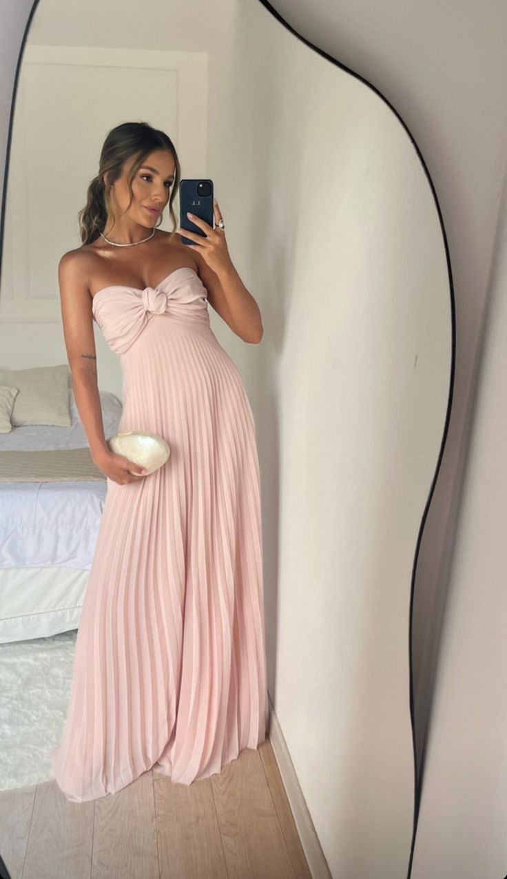 Strapless A Line Pink Long Prom Dress Pleated Formal Party Gown fg6582