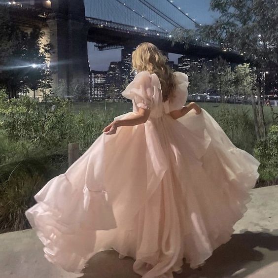 Pink A-Line Organza Long Prom Dress Engagement Dress with Puff Sleeves fg5426