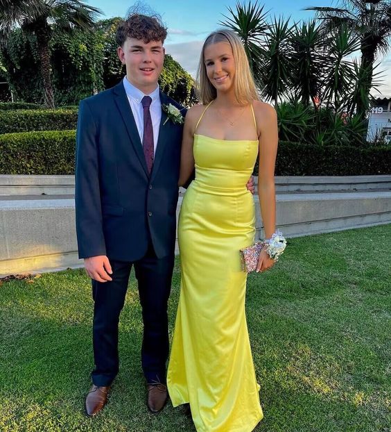 Yellow Mermaid Back Open Satin Prom Dress, Formal Dresses Long fg6180