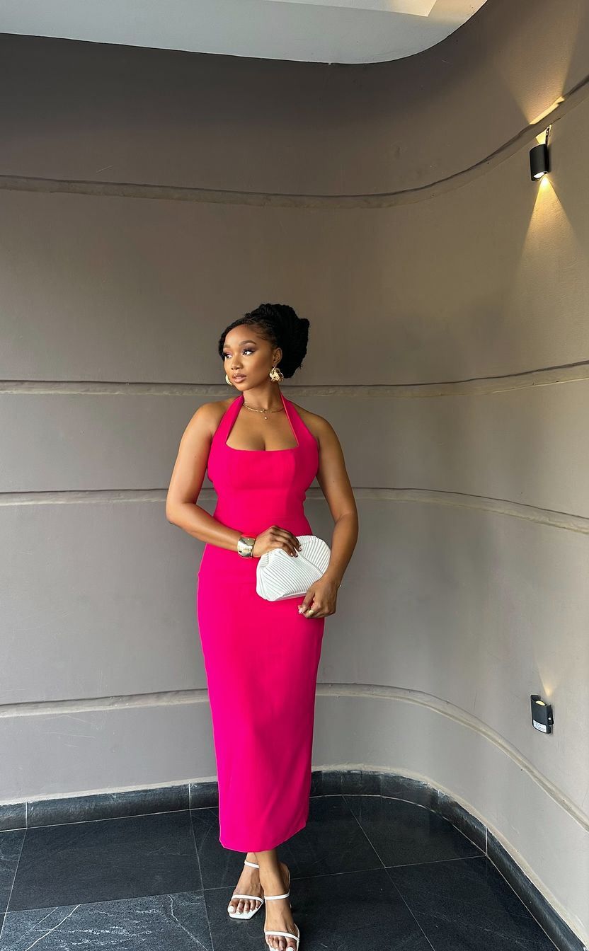 Hot Pink Women's Sleeveless Ankle Length Dress Halter Evening Gown fg6639