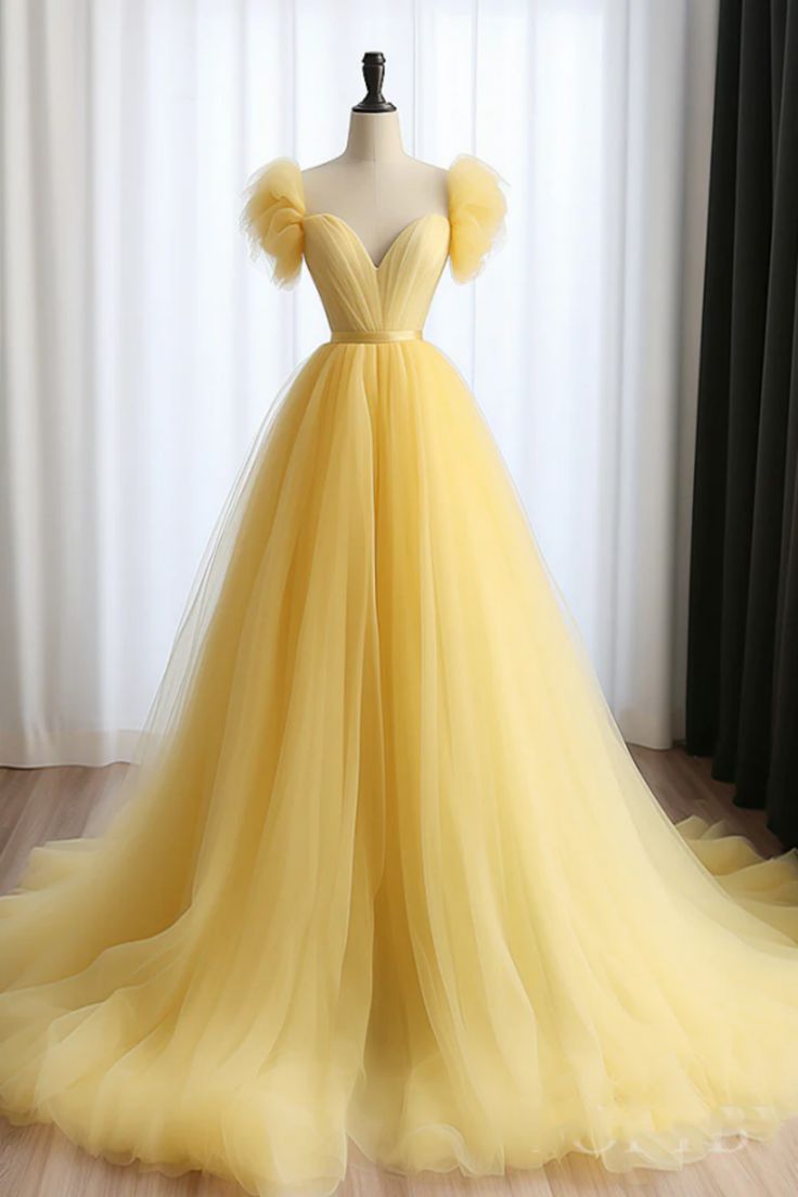 A Line Sweetheart Neck Tulle Yellow Long Prom Dress, Yellow Long Formal Dress fg5440