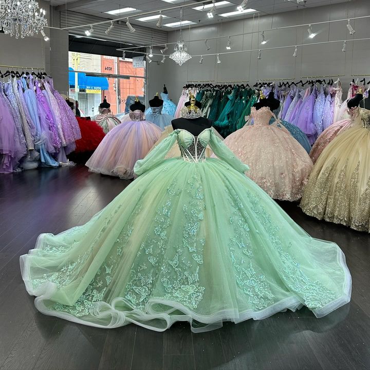 Green Off The Shoulder Ball Gown Quinceanera Dress Tull Princess Vestidos De 15 Anos Birthday Party Sweet 16 Dress fg5470