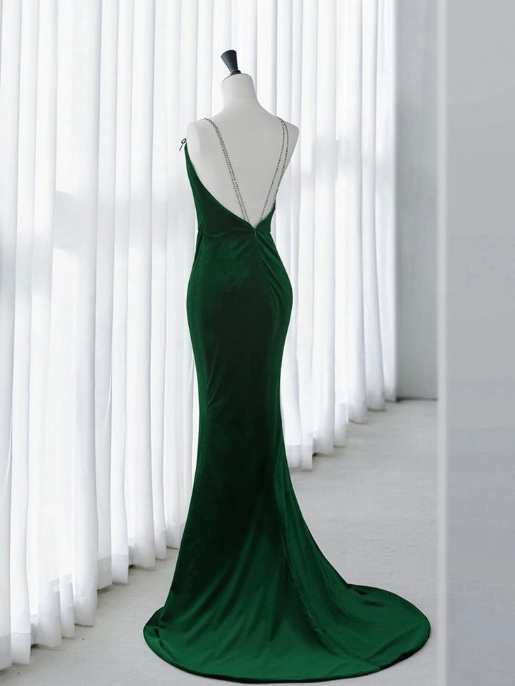 Green Mermaid Velvet Long Prom Dress, Green Long Evening Dress fg6740