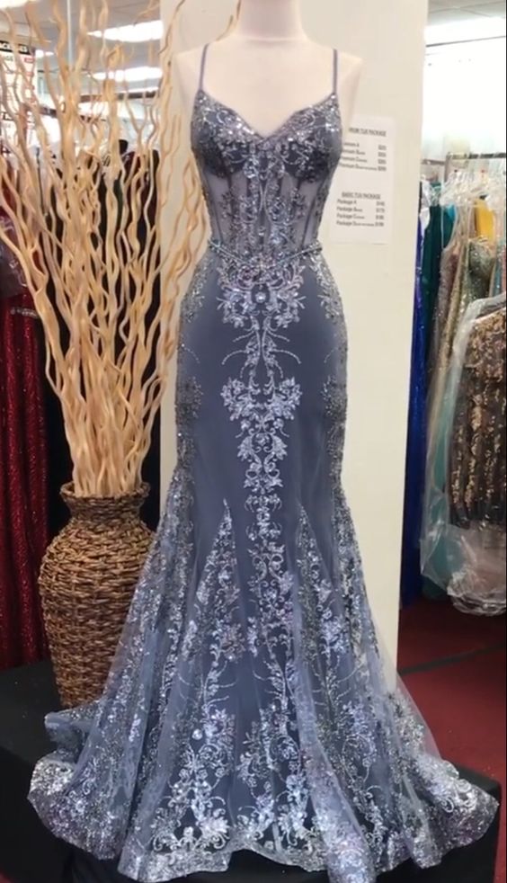 Charming V Neck Lace Mermaid Prom Dress Long Evening Dress fg5452
