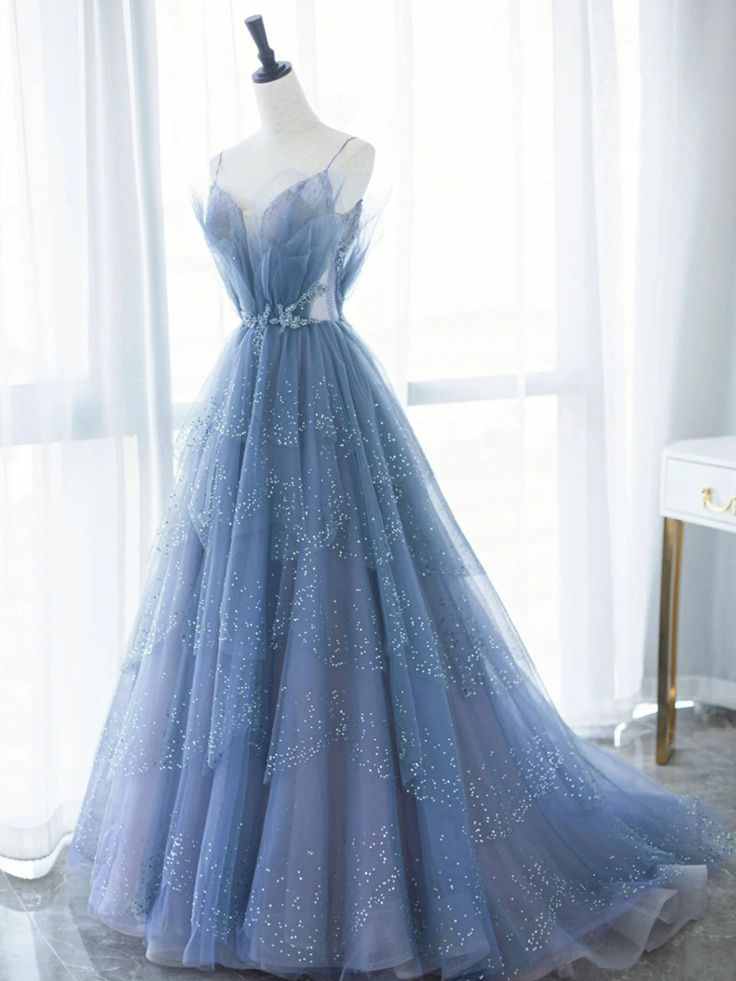 Blue Tulle Gorgeous V Neck Long Prom Dress, A-line Tulle Formal Evening Dress fg5394