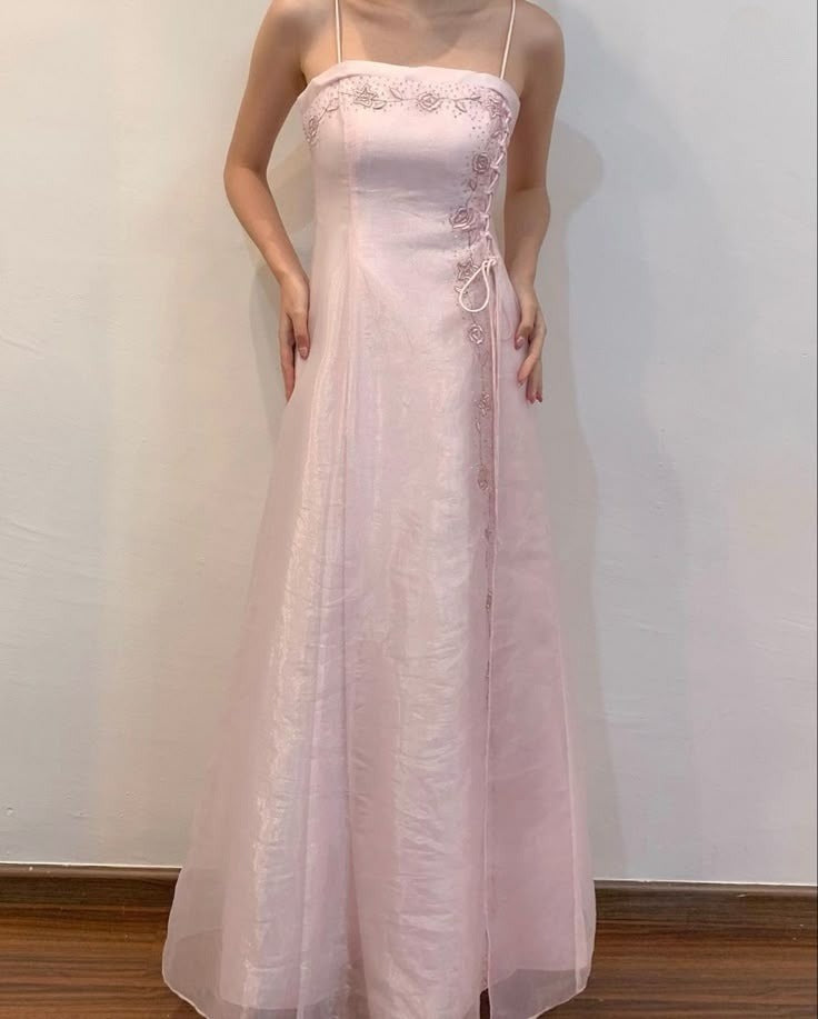 Pretty A Line Spaghetti Straps Pink Evening Dress Long Prom Dresses fg7560