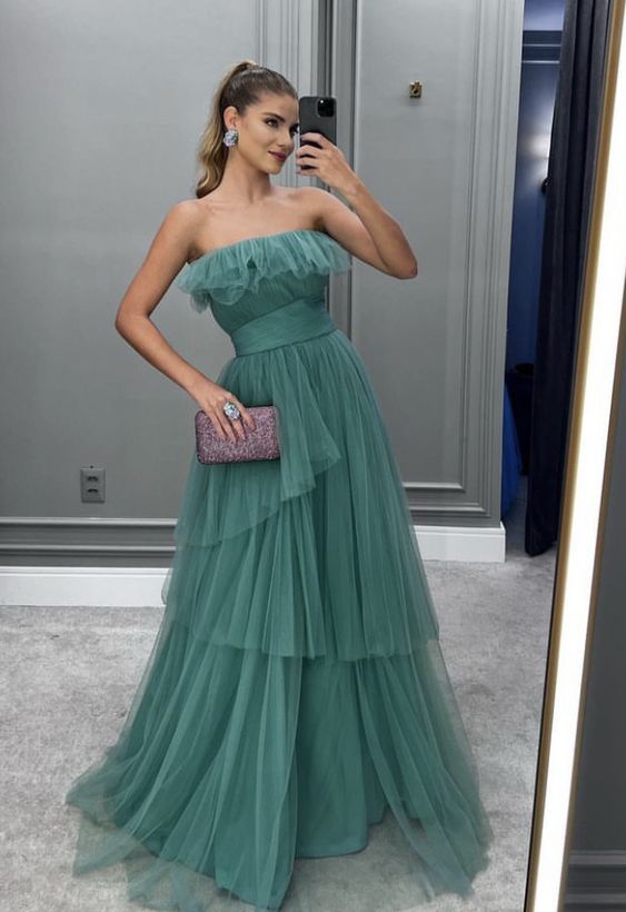 Soft Tulle Formal Evening Dresses Tiered Pleated Skirt Strapless Party Gowns fg5485