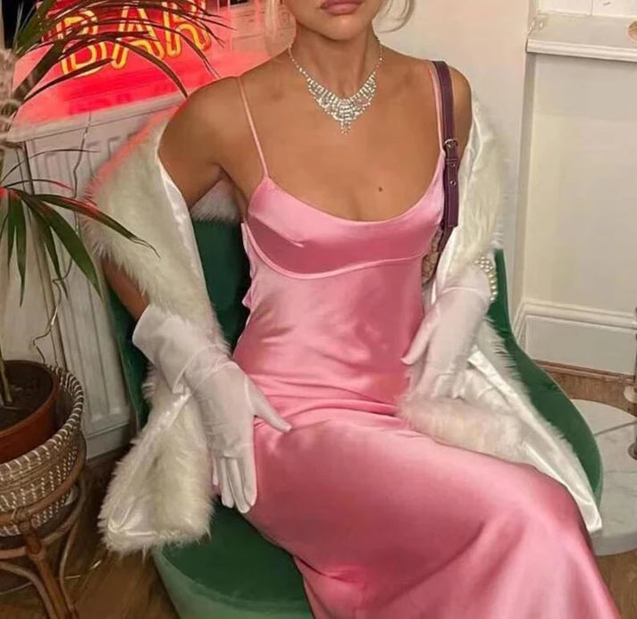 Simple Straps Sleeveless Party Dress Satin Pink Prom Dress fg5332