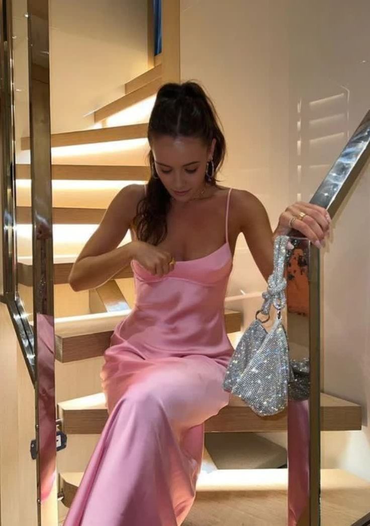 Simple Straps Sleeveless Party Dress Satin Pink Prom Dress fg5332