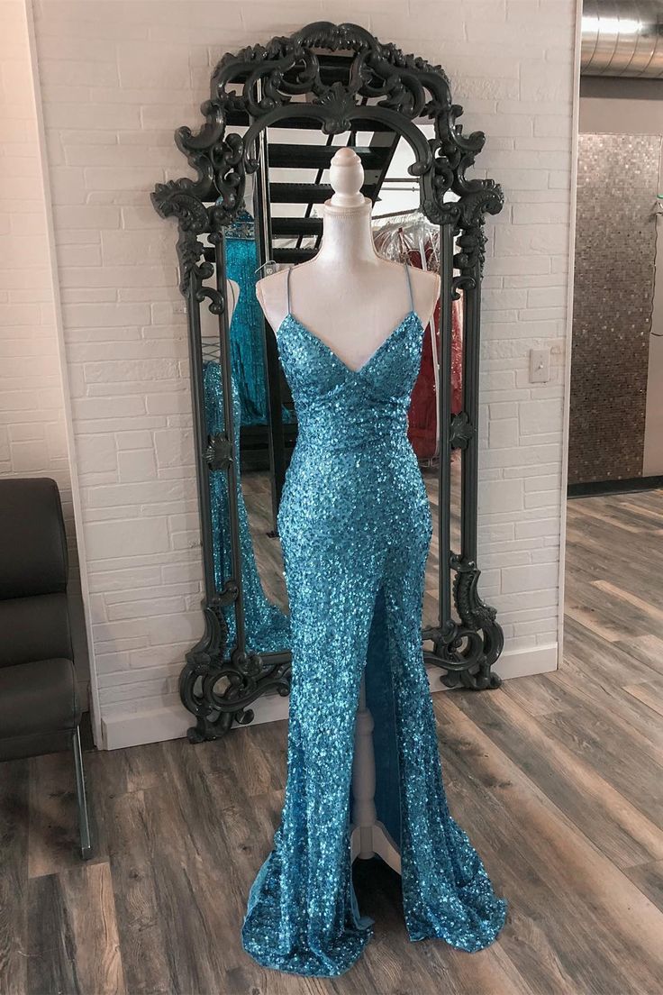 Straps Blue Sequin Mermaid Long Formal Dress fg5337