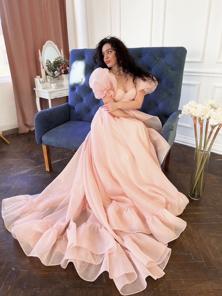 Pink A-Line Organza Long Prom Dress Engagement Dress with Puff Sleeves fg5426