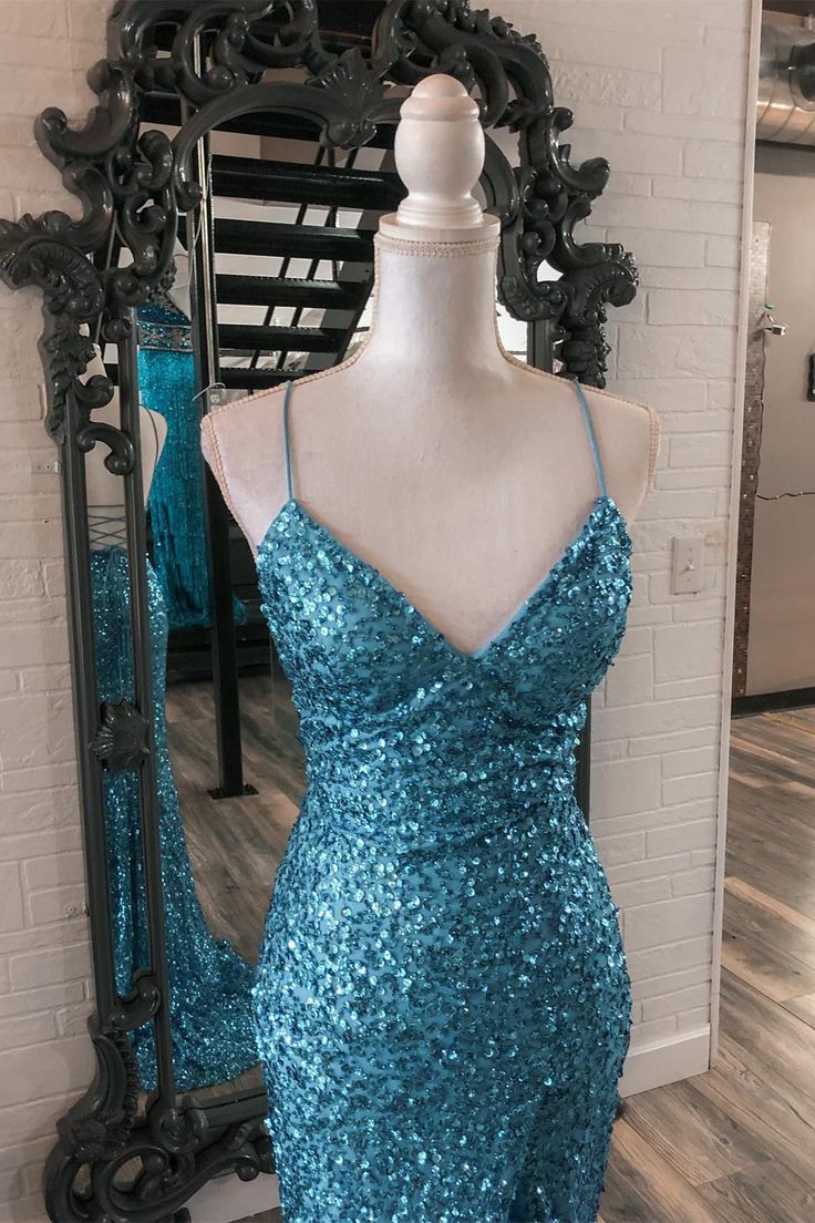 Straps Blue Sequin Mermaid Long Formal Dress fg5337