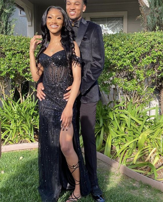 Off the Shoulder Black Long Prom Dress fg5289