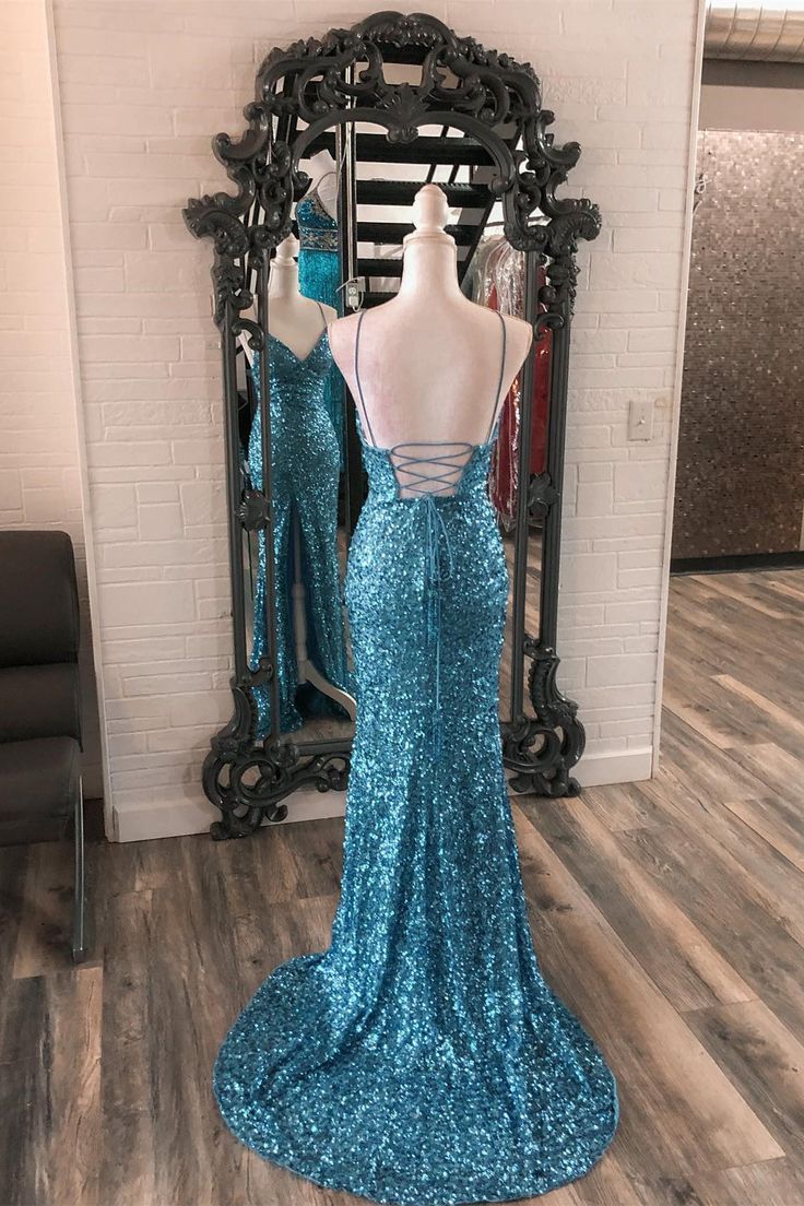 Straps Blue Sequin Mermaid Long Formal Dress fg5337