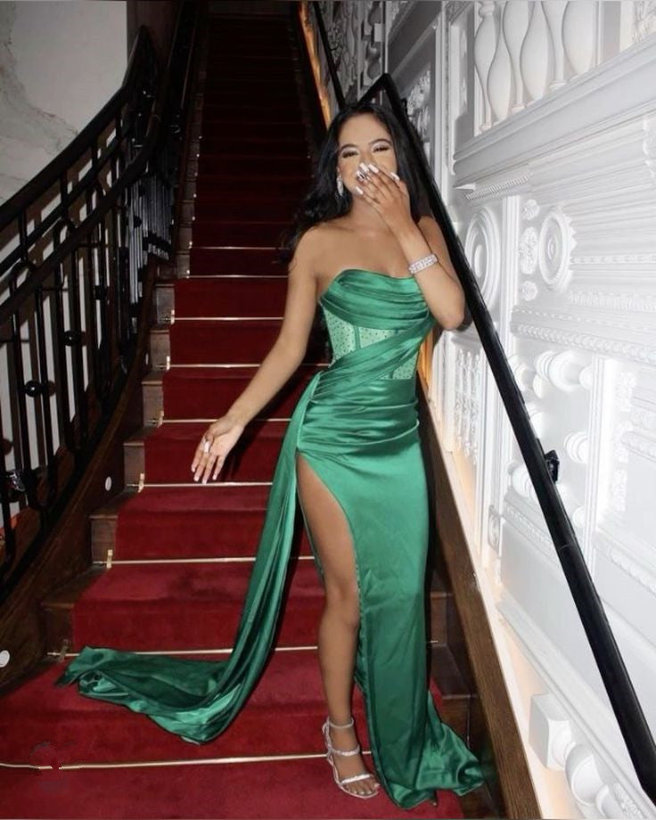 Stapless Mermaid Prom Dresses for Black Girls High Slits Pleats Beading Birthday Party Dress Formal Occasion Gowns fg5234