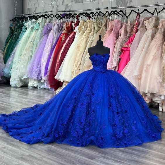 Blue Princess Quinceanera Dresses Sweetheart 3D Floral Applique vestidos de 15 años Sweep Train Prom Lace Up sweet 16 dress fg5375