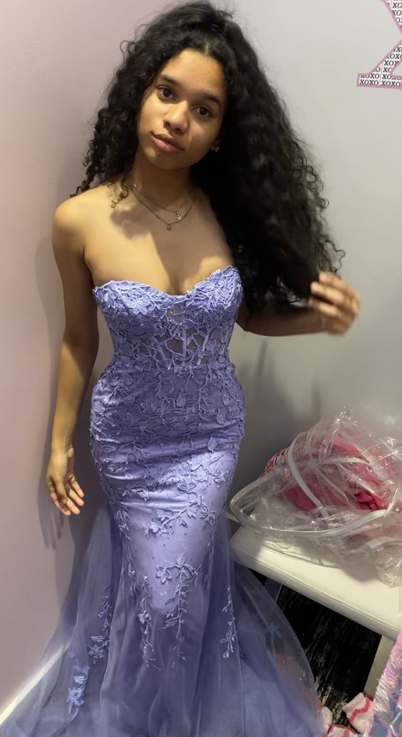 Lilac Prom Dresses Mermaid Lace Long Beaded Formal Dresses Strapless fg5269