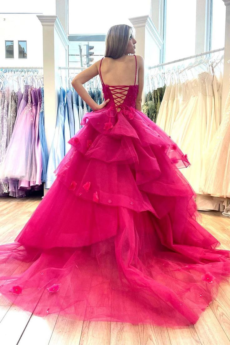 Hot Pink Sweetheart Tiered Tulle Long Prom Dresses with Appliques fg5309