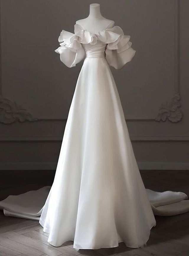 Off the Shoulder Puff Sleeve Pleats Wedding Dress Long Wedding Dress fg5379