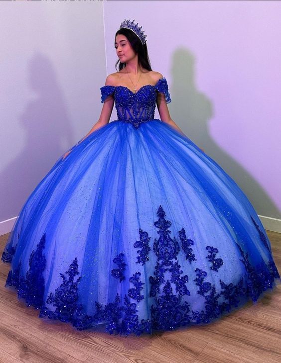 Princess Royal Blue Off The Shoulder Ball Gown Quinceanera Dress For Girls Beaded Appliques Sweet 16 Birthday Party Gowns fg4794