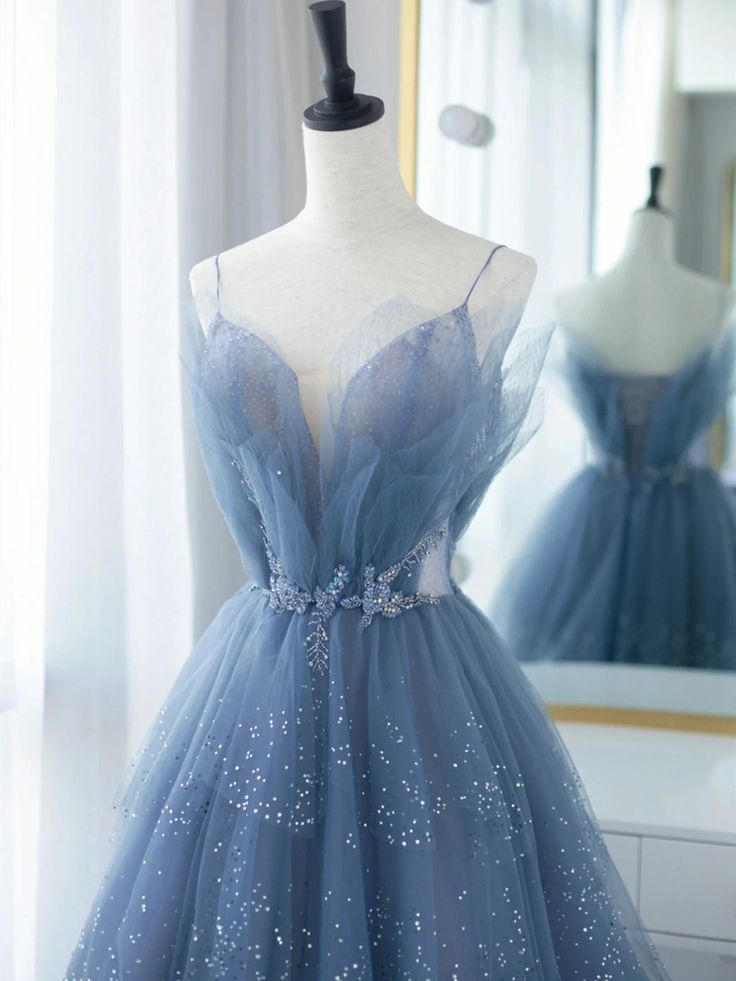Blue Tulle Gorgeous V Neck Long Prom Dress, A-line Tulle Formal Evening Dress fg5394