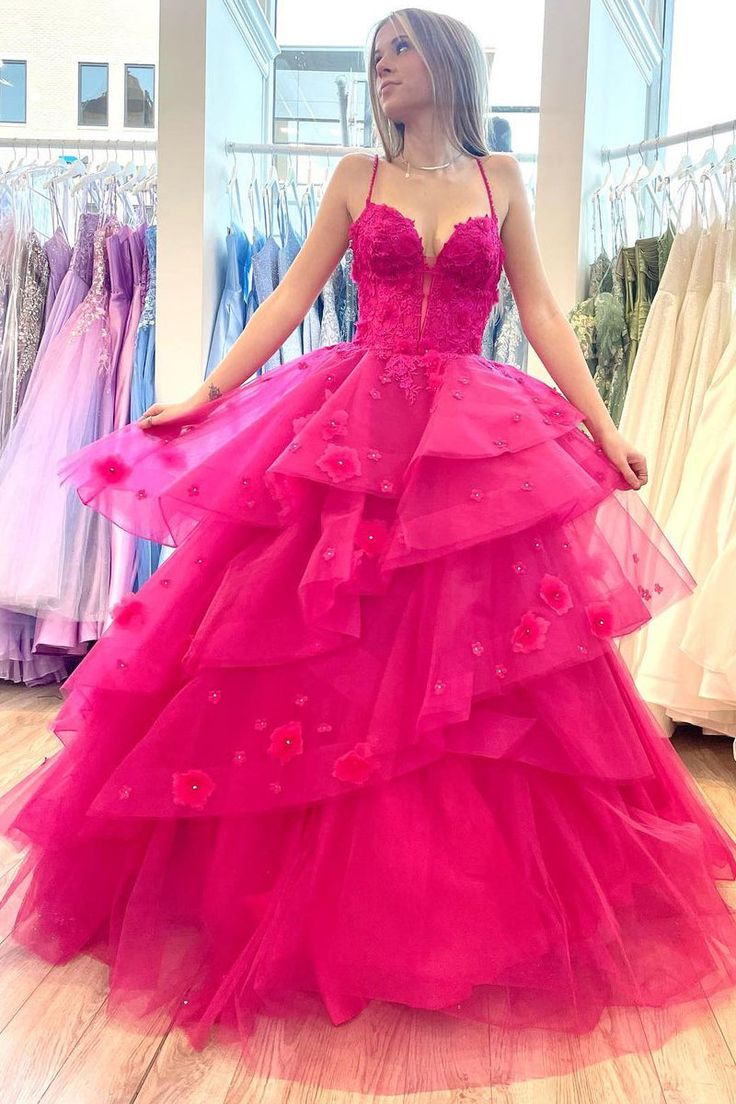 Hot Pink Sweetheart Tiered Tulle Long Prom Dresses with Appliques fg5309