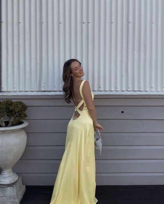 Simple Straps Yellow Backless Long Prom Dress fg5318