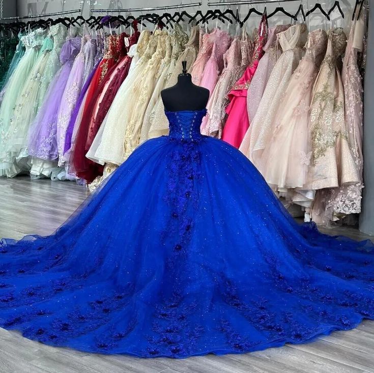 Blue Princess Quinceanera Dresses Sweetheart 3D Floral Applique vestidos de 15 años Sweep Train Prom Lace Up sweet 16 dress fg5375