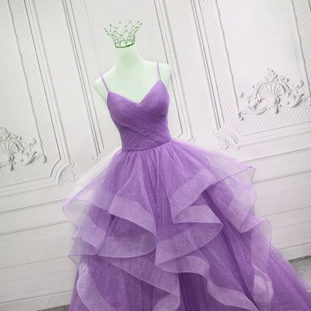 Gorgeous Purple Straps Layers Tulle V-neckline Long Evening Dress, Light Purple Prom Dresses fg4168